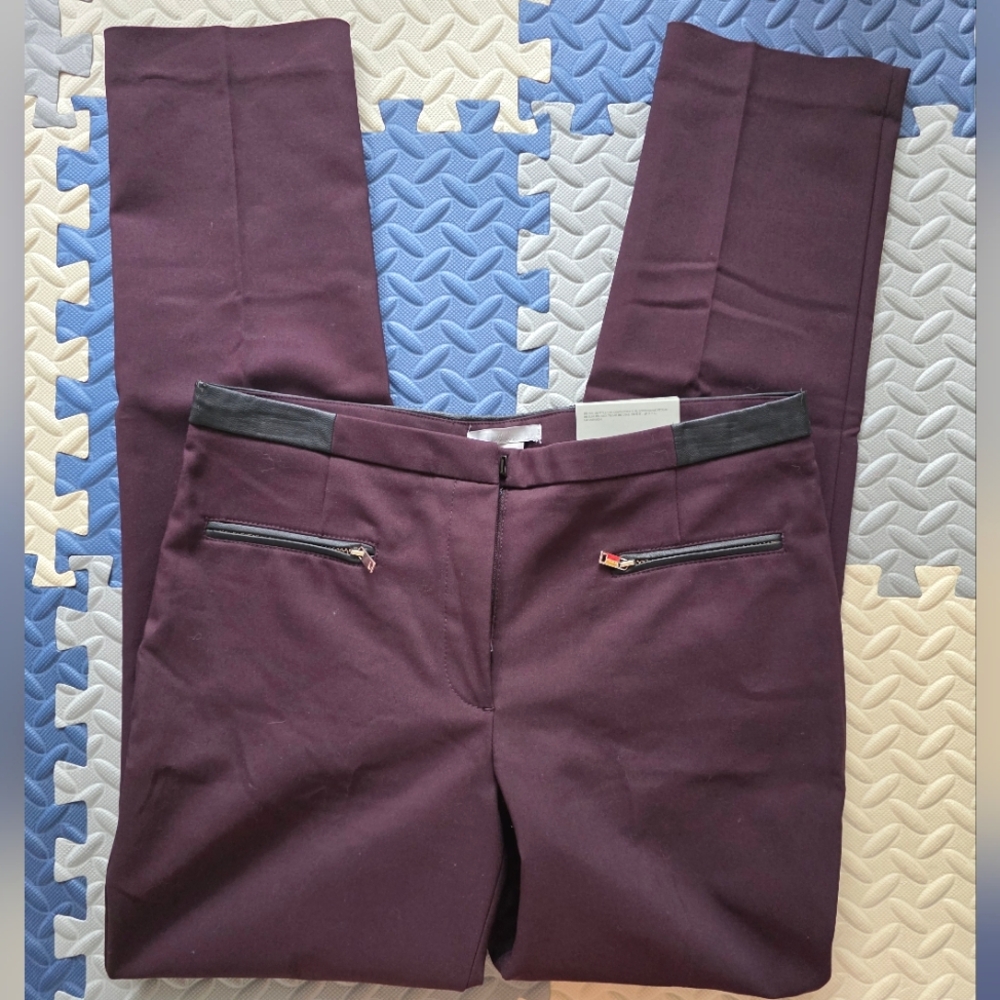 H&M‎ Plum Trousers With Faux Leather Belt Line Front Zip Pockets